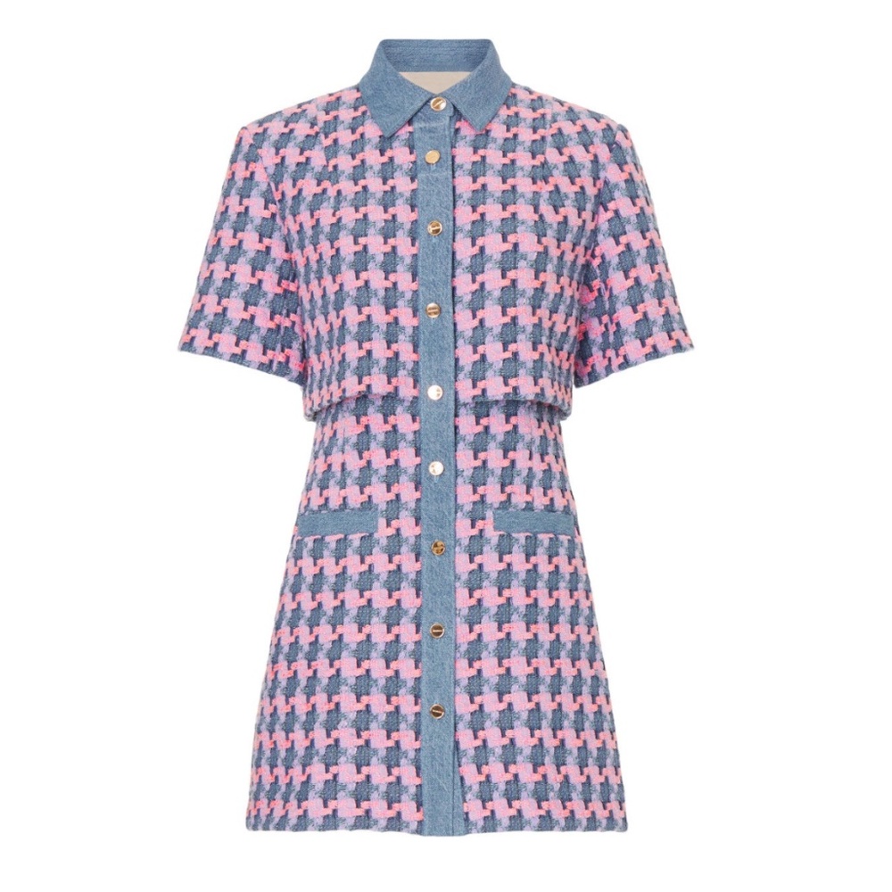 Sandro Pink and Blue Houndstooth Mini Shirt Dress